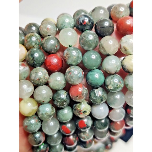 African Bloodstone Stretch Bracelet 8mm round natural stone w/ felt pouch-B818 - Picture 4 of 11